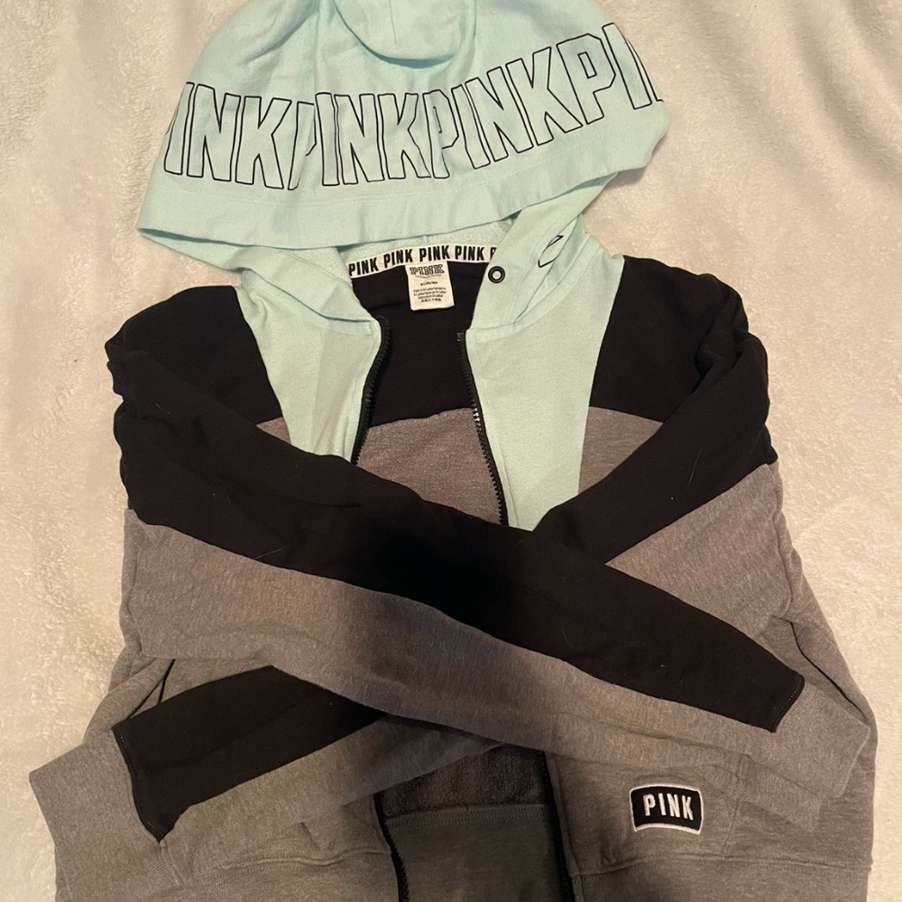 PINK cropped zip up hoodie, Blue, Grey, and Black, in a size M